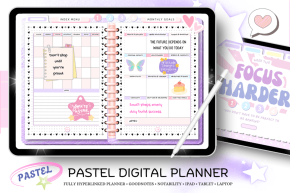 Top-down view of a tablet running the Daily ADHD Digital Planner (60 Pages) in landscape mode.