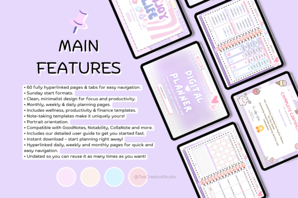 An aesthetically pleasing iPad setup displaying the features of the daily digital planner for ADHD (60 pages) next to the pages of the 2026 digital planner template.