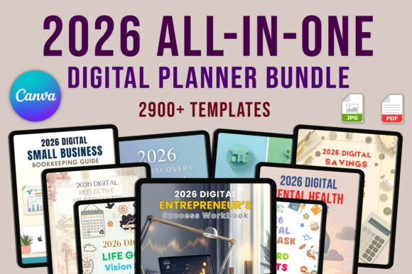 Mockup showing multiple tablet screens featuring different covers from a digital planner template 2026.