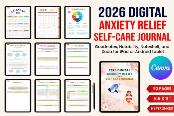 A selection of specialized journal pages for anxiety relief and self-help from the 2026 Digital Planner template.