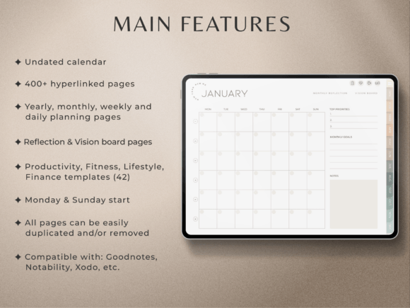 Close-up of the undated planner and the main features section within the template.