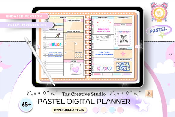 Stylized tablet mockup showcasing the bright daily schedule pages of the Yellow Digital Planner on a white background.