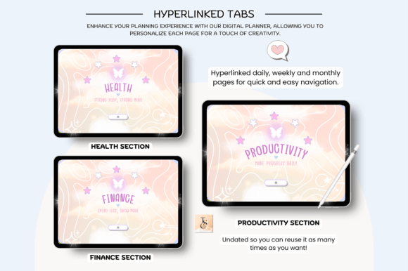 Demonstration of clickable hyperlinks on three pages of the yellow digital planner system.