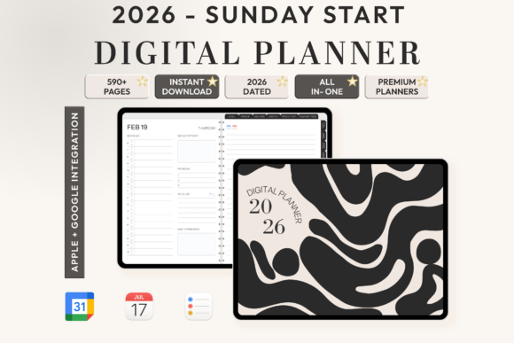 Minimalist home interface of the All-in-One Digital Planner 2026 - Sunday displayed with high-resolution floral covers.