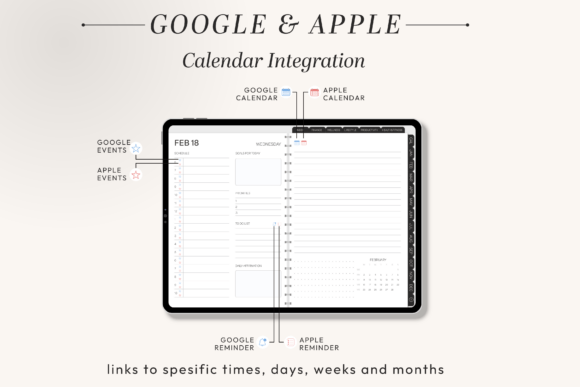 Calendar view within the All-in-One Digital Planner 2026 - Sunday with links to Google and Apple integration.