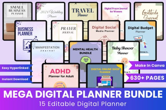 Wide angle display of numerous workbook designs from the Mega Digital Planner Bundle Canva set on a computer screen.