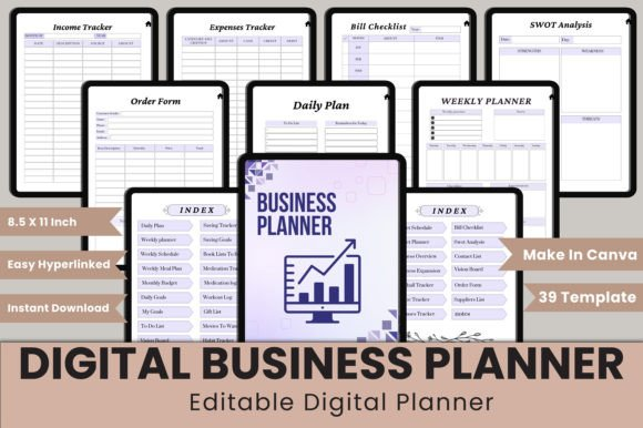 A collection of colorful small business management pages included in Canva's Digital Planner Mega Bundle.