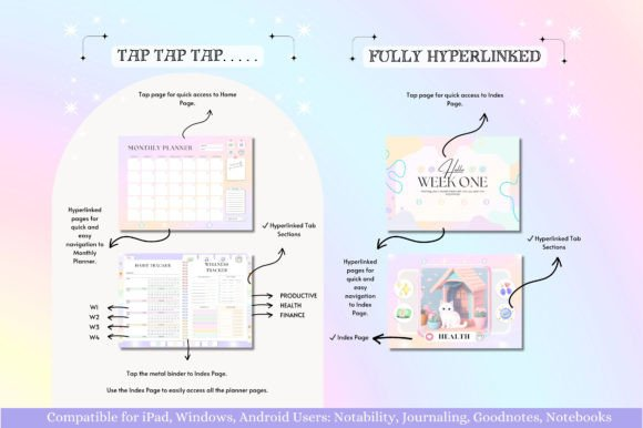 Demonstration of hyperlinked tab navigation for yearly and monthly pages inside the Undated Digital Planner system.