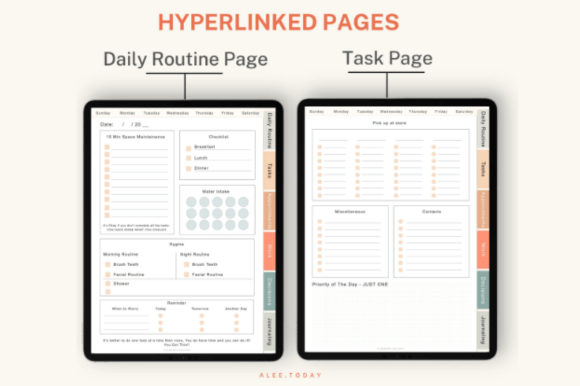Visual interface with hyperlinks to the Daily Routine page and the Tasks Page in the 2026 ADHD digital planner template for faster focus.