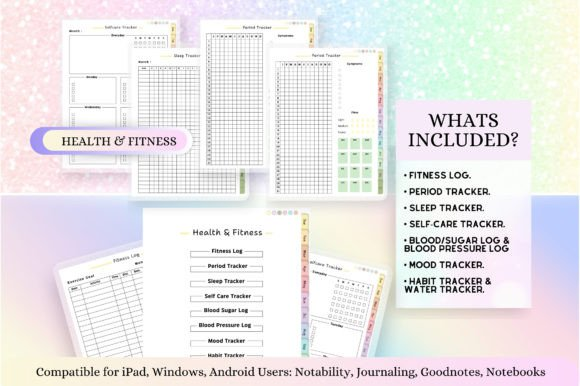 Detailed view of hyperlinked health and fitness logs inside a digital planner template 2026 on a digital tablet.