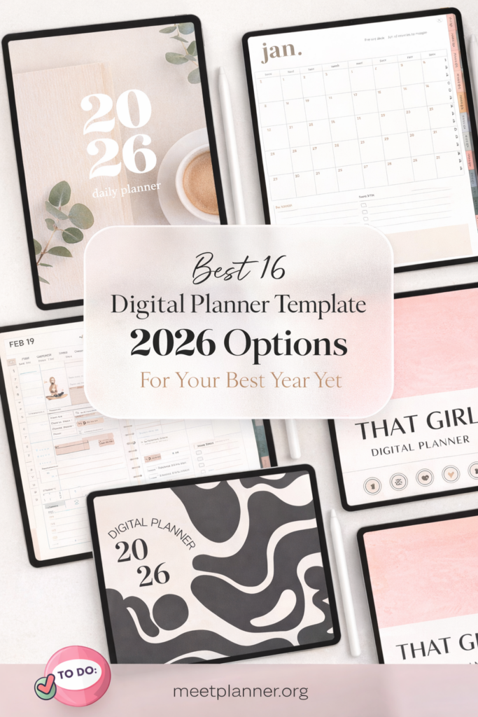 An aesthetic flat-lay collage composition featuring modern digital planners displayed on iPad Pro screens, arranged gracefully on a neat desk. Year 2026 trendy organization aesthetic.