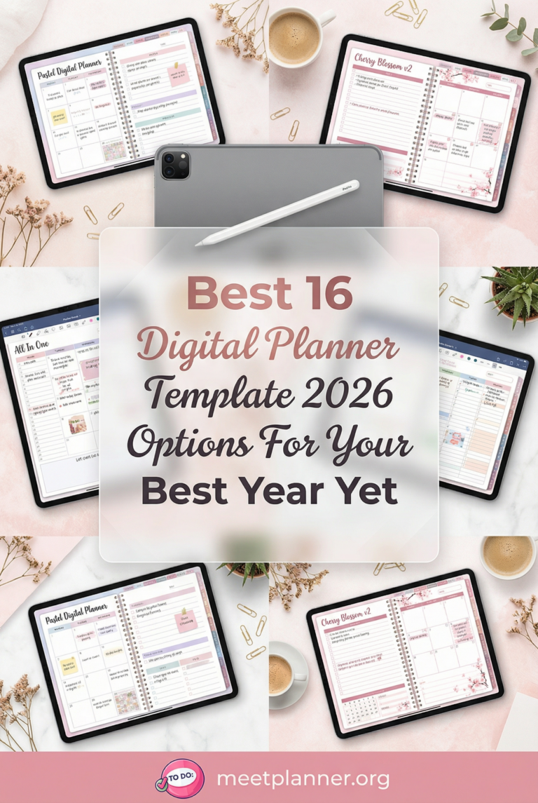 An aesthetically pleasing modern collage for the article: "16 Best 2026 Digital Planner Templates for Your Best Year Ever."