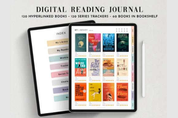 A digital reading journal setup on a tablet screen showing the hyperlinked bookshelf and ivory background.