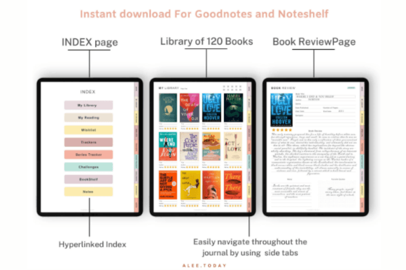 Hand-held tablet showcasing the library overview section of a minimalist digital reading journal.