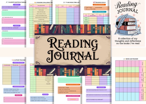 A preview of several color book log pages for a reading journal - KDP interiors.