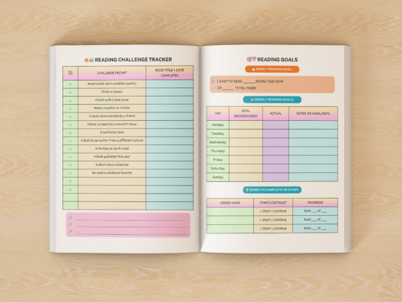Close-up of an 8.5" x 11" Genre Tracker spread from the Reader's Journal Collection - KDP Interiors.