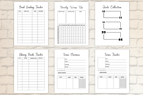 Multiple printed pages of a reading planner for adults displaying the quote logs and book summary sections.