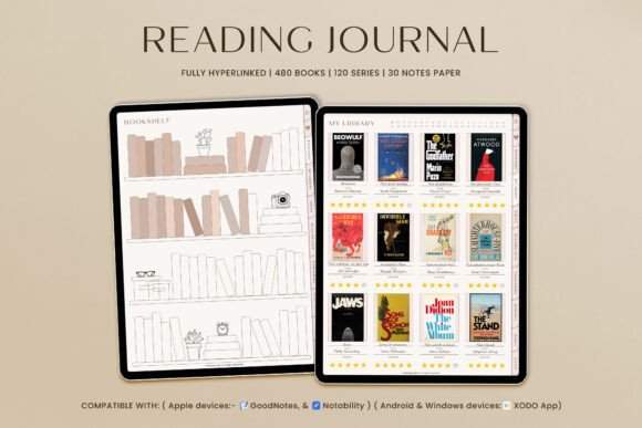 A portrait tablet displaying the home library page of a book reading journal goodnotes planner and a personalized reading journal setup.