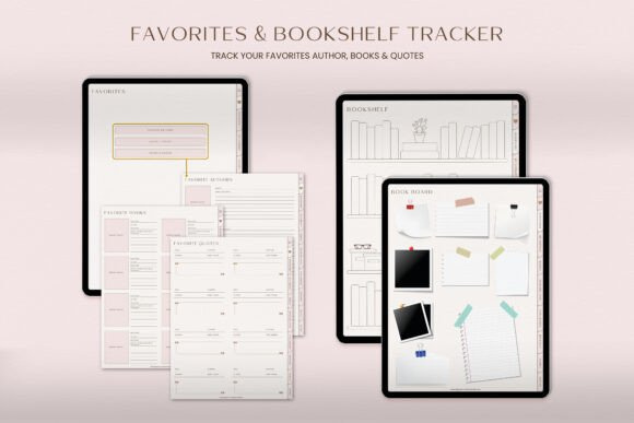 Multiple pages of the boho style book reading journal goodnotes planner including bookshelf trackers and series logs.