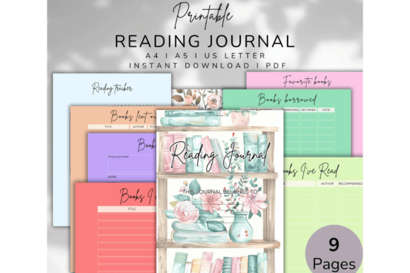 Close-up of the cover and several pages for tracking books I want to read, inside a printable reading journal.