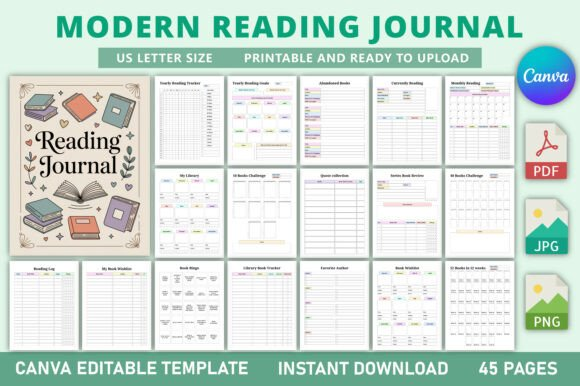 Close-up of editable Canva pages that provide an organized reading journal setup for heavy readers.