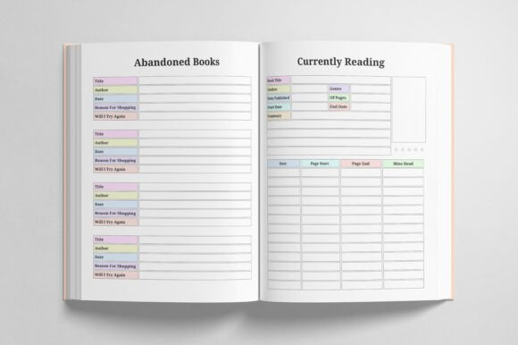 A top-down layout of a modern reading journal, showcasing the aesthetic organization of the reading journal.