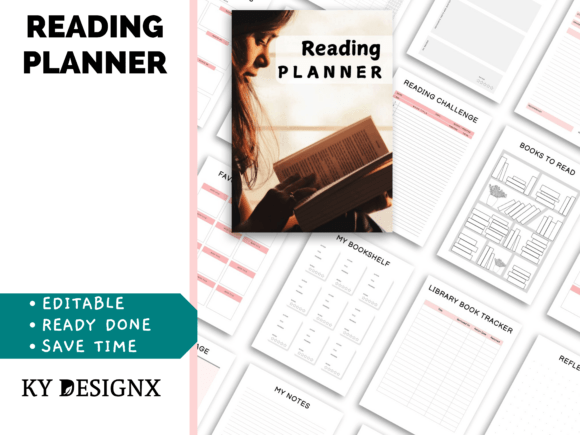 Close up of a customized Canva template for a reading planner highlighting an organized reading journal setup.