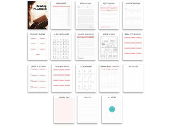 Mockup of the multi-page reading planner with several checklist.
