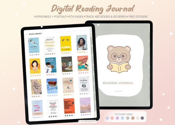 The cover and monthly favorites page of a digital reading journal hyperlinked pdf being customized as part of an organized reading journal setup.