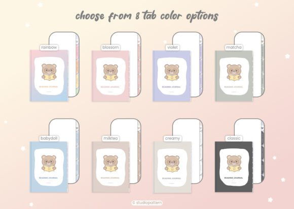 A collage showing eight different color covers for the digital reading journal hyperlinked pdf on a tablet screen.