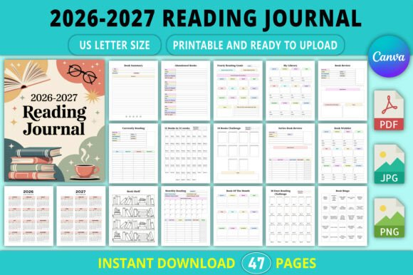 Several minimalist pages and the cover of the editable 2026-2027 reading journal on a neutral background.