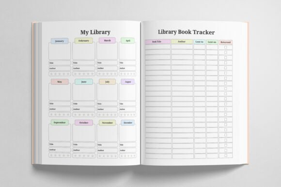 Close-up of the library book tracker and my library from the editable 2026-2027 reading journal file.