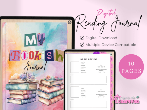 iPad showing a detailed book review page layout from a modern digital reading journal template.