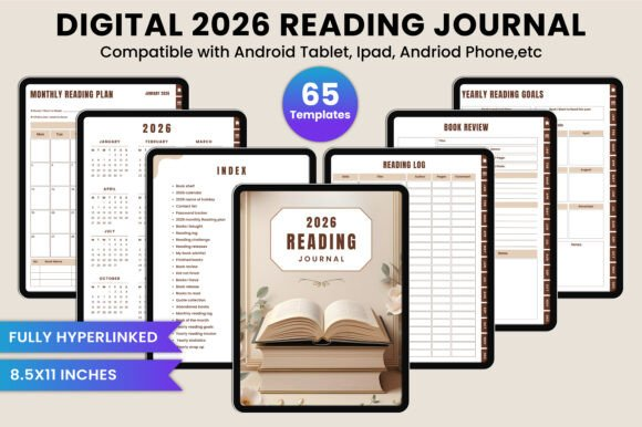 A preview of various hyperlinked pages from the 2026 digital reading journal bundle featuring an organized reading journal setup.