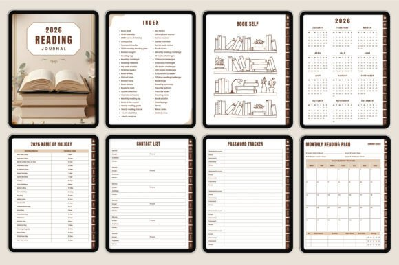 Multiple Canva-editable layouts of the 2026 digital reading journal bundle including bookshelf and series logs.