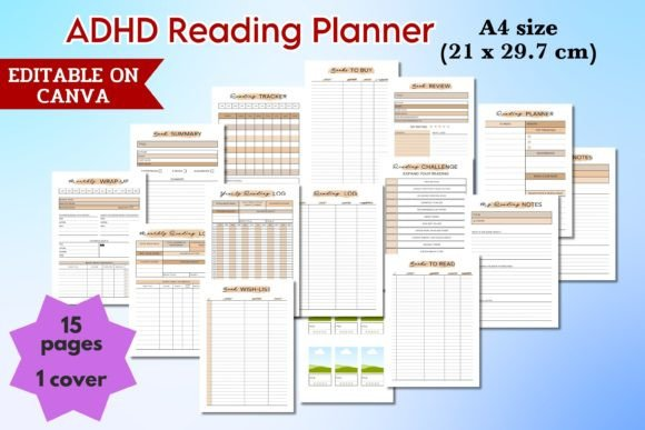 A view of several checklist pages inside the ADHD Reading Planner - Canva Template designed for a reading journal setup.