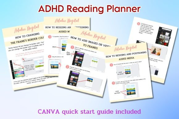Five minimalist digital page layouts of the ADHD Reading Planner - Canva Template on a plain background.
