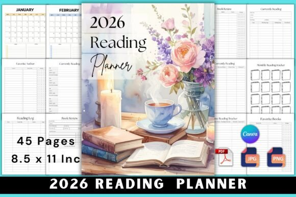 A clean digital preview of the 45-page 2026 reading planner canva editable with a stylish cover design.