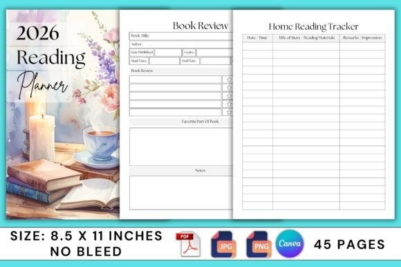 A high-quality image of the home reading tracker and review layout in the editable Canva 2026 Reading Planner.
