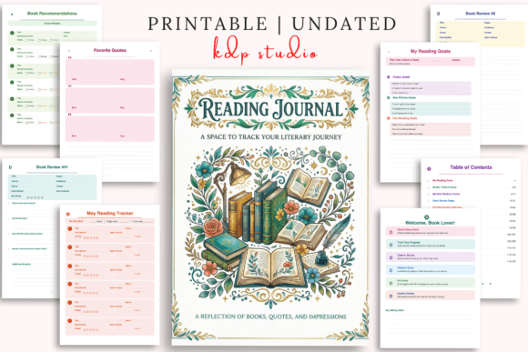 A clean and minimalist mockup of the 120-page reading journal with floral cover designs.