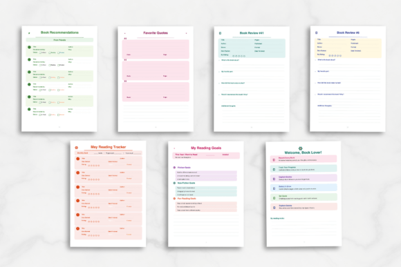 Close-up of the book club notes and author review pages in the reading journal template.