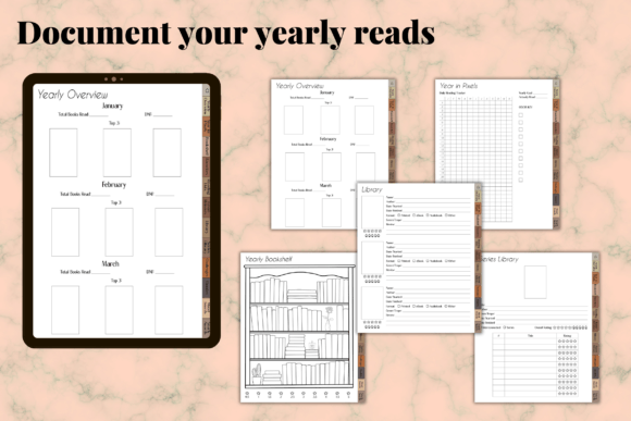 Screenshot of a year-long bookshelf from a digital reading journal (light mode) with minimalist hyperlinked tabs.