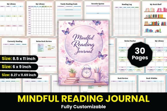 A collage of the cover and various minimalist pages from the printable mindful reading journal set.