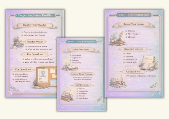 Soft pastel-themed pages of the ultimate book planner displayed on a white background.