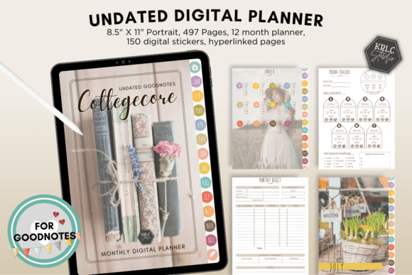 Mockup of an iPad showing the cottagecore undated digital monthly planner template.