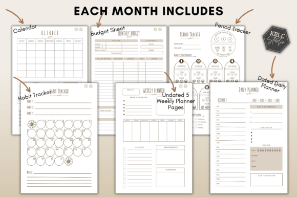 The internal layout of the Cottagecore Undated Digital Planner featuring the monthly sections.