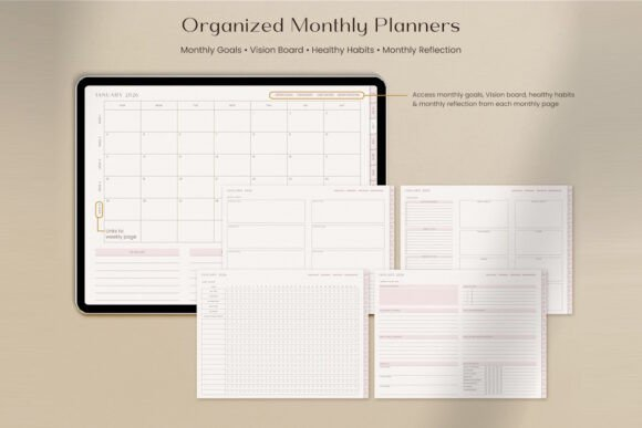 Screenshot of the GoodNotes universal digital planner interface, showing the blank pages of the digital monthly planner template.