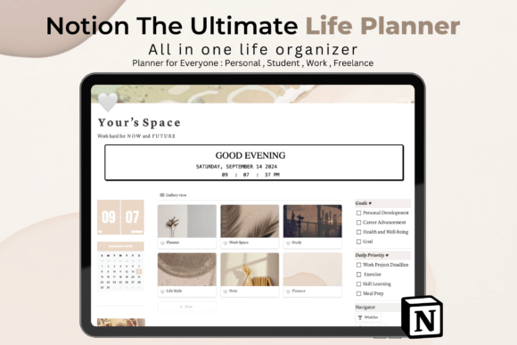 Clean minimalist home screen of the Notion the Ultimate Life Planner with personalized widgets.