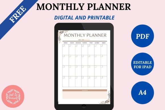 Minimalist style of the FREE Undated Monthly Digital Planner on a tablet screen.