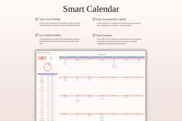 Financial overview within the digital monthly planner template and the automated smart calendar of the Monthly Budget Spreadsheet Excel.